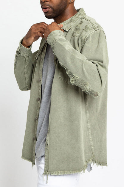 Distressed Denim Button Up Shirt Jacket