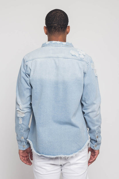 Distressed Denim Button Up Shirt Jacket