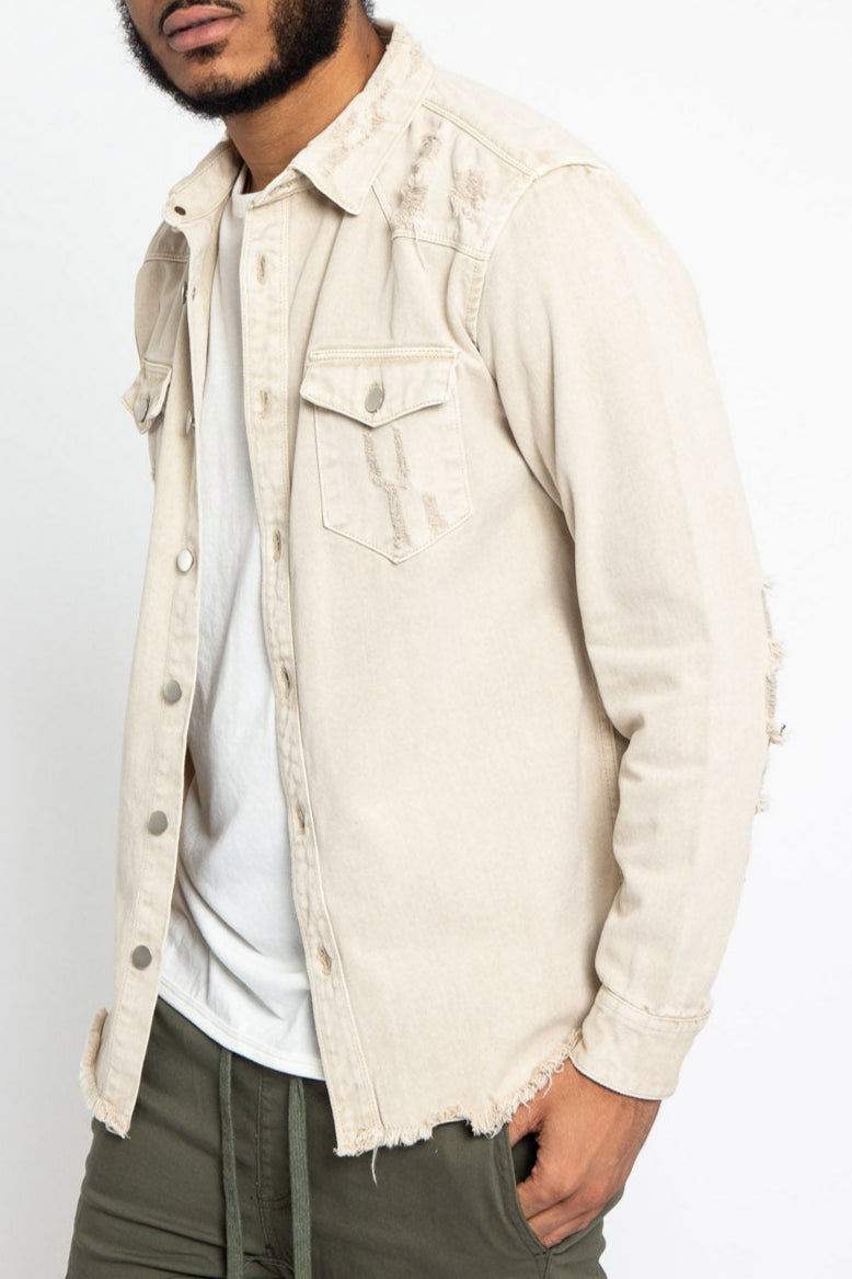 Distressed Denim Button Up Shirt Jacket