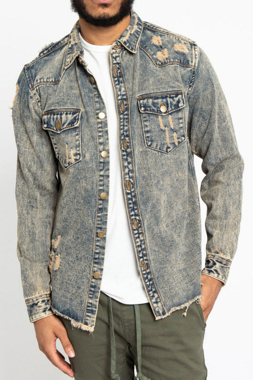 Distressed Denim Button Up Shirt Jacket