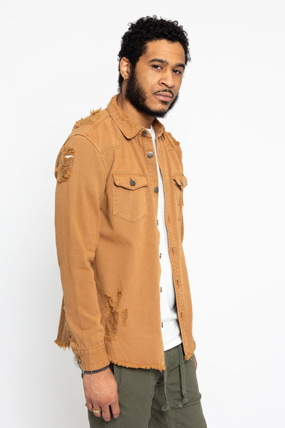 Distressed Denim Button Up Shirt Jacket