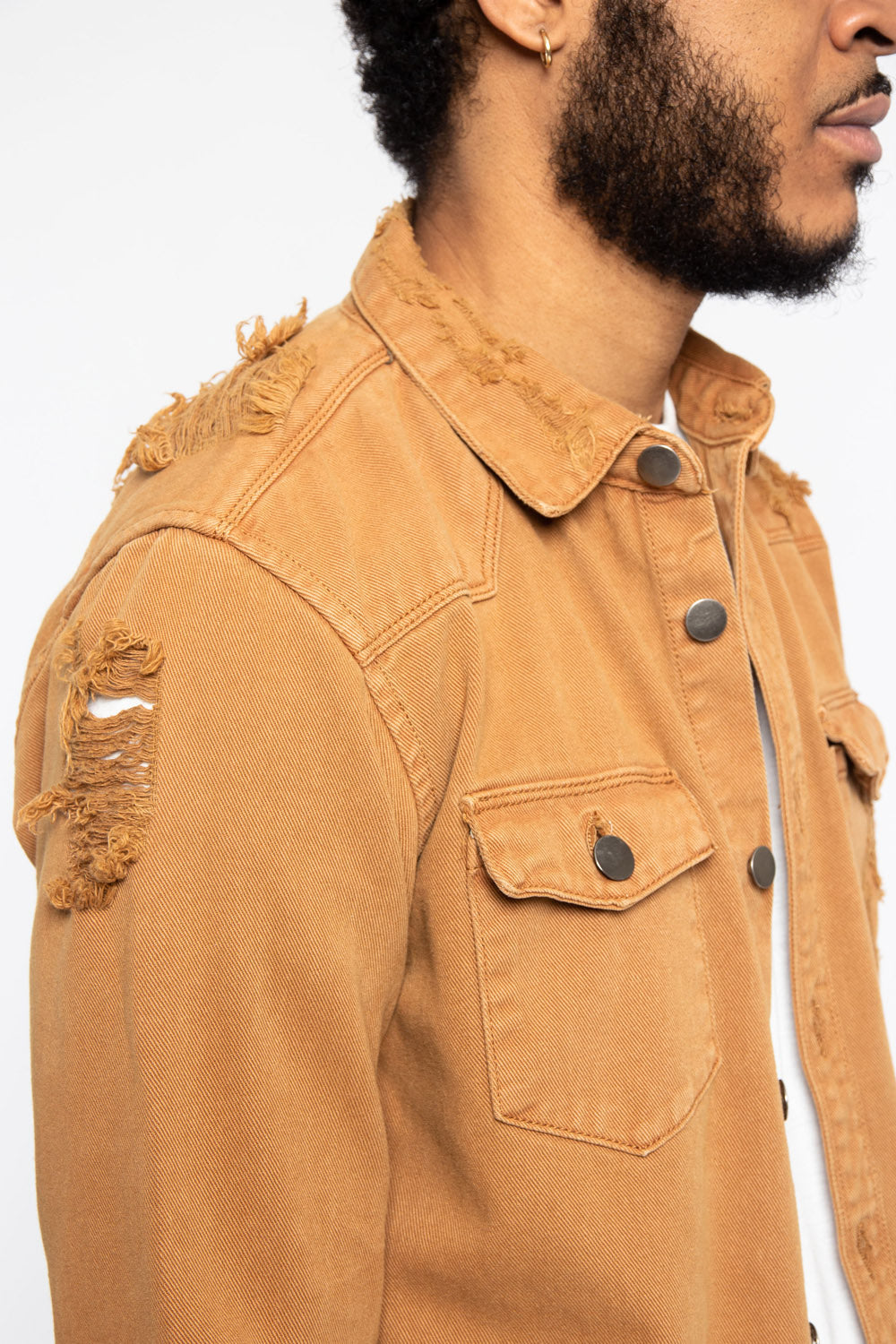 Distressed Denim Button Up Shirt Jacket