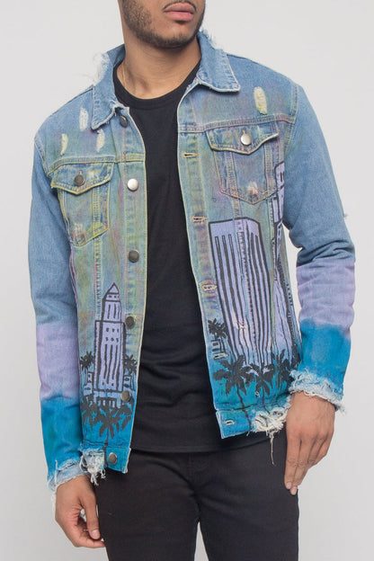 Distressed Airbrushed City Denim Jacket