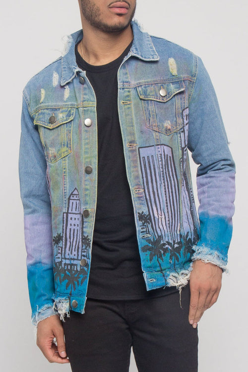 Distressed Airbrushed City Denim Jacket