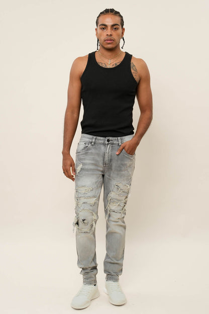 Faded Ripped Repair Denim Jeans