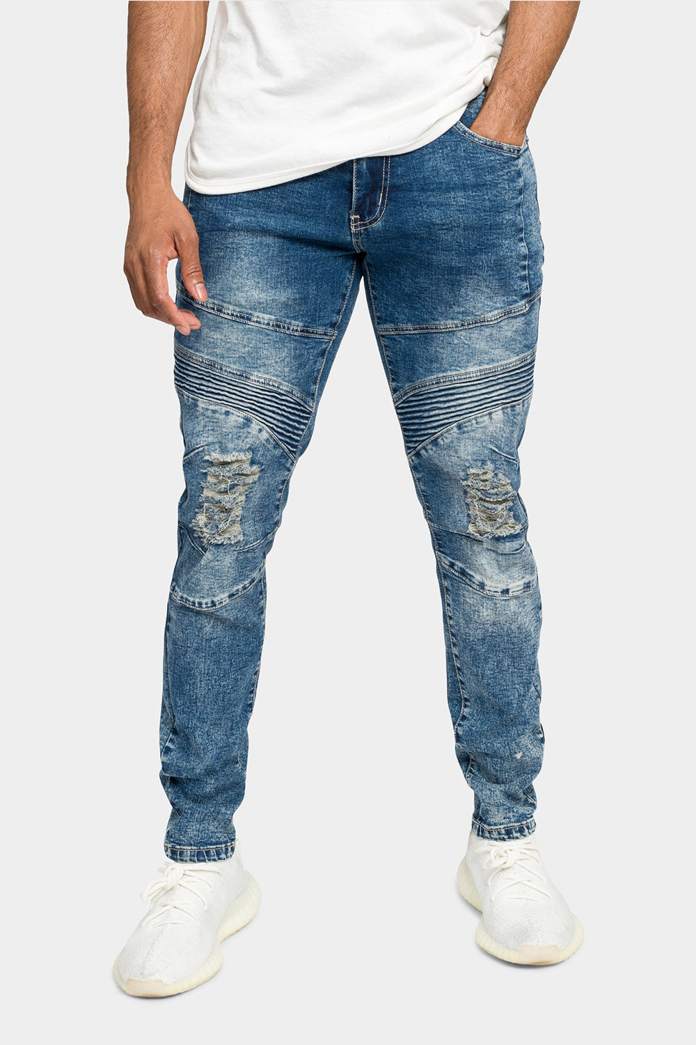 Distressed Stitch Stacked Moto Biker Jeans