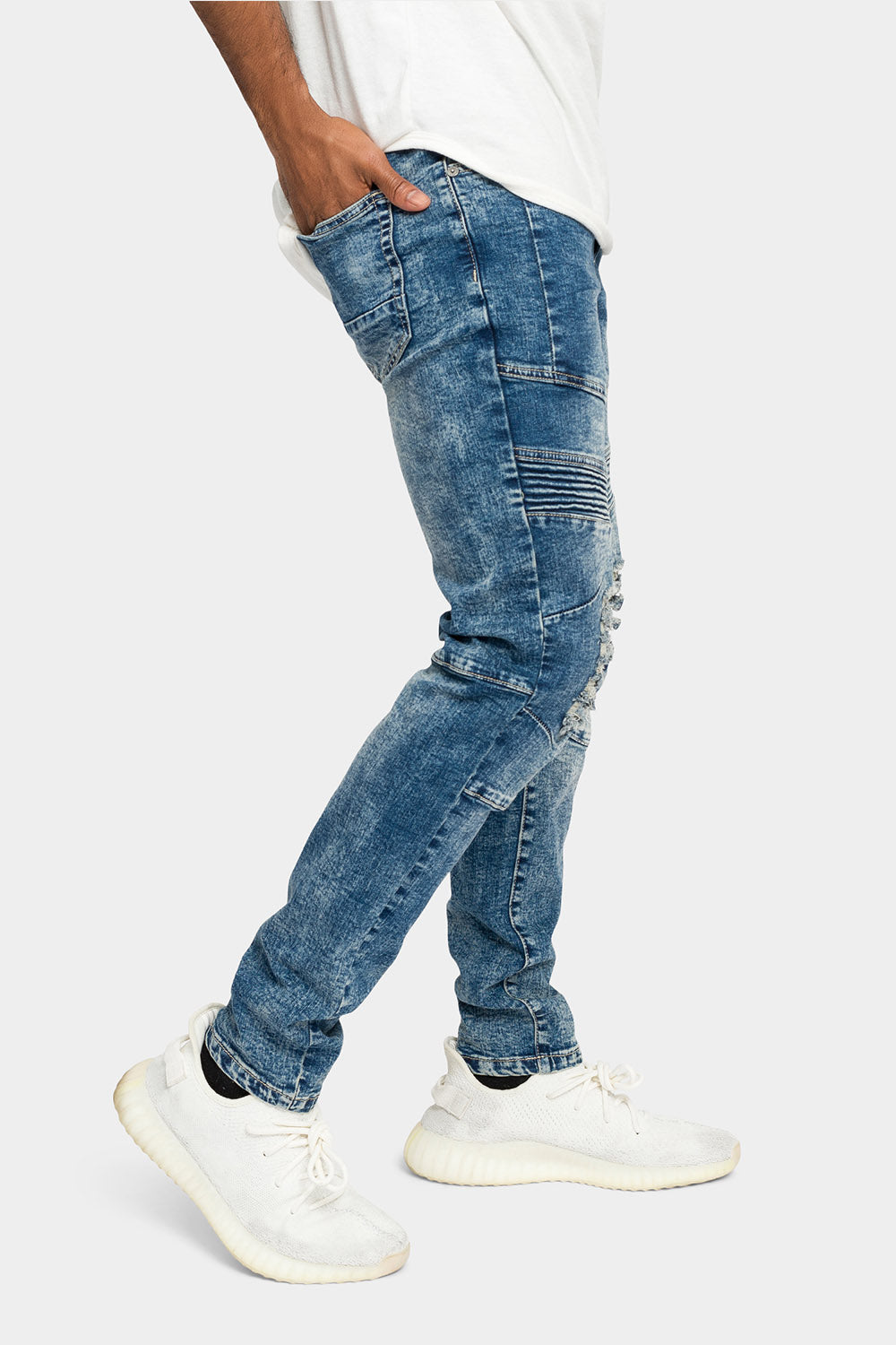 Distressed Stitch Stacked Moto Biker Jeans