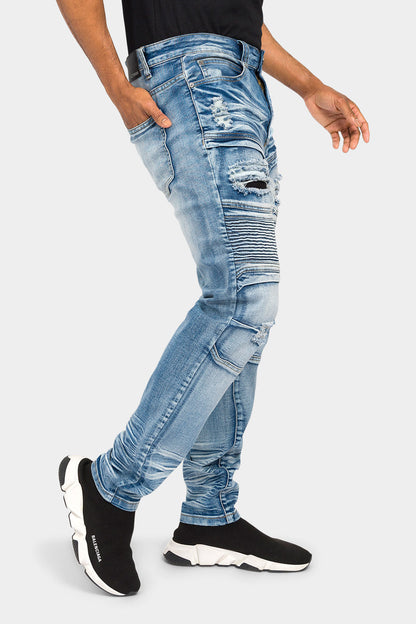 Faded Stacked Biker Denim Jeans