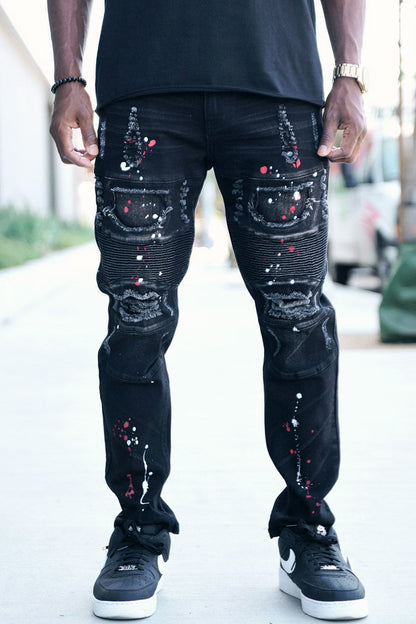 Stacked Paint Splatter Biker Jeans