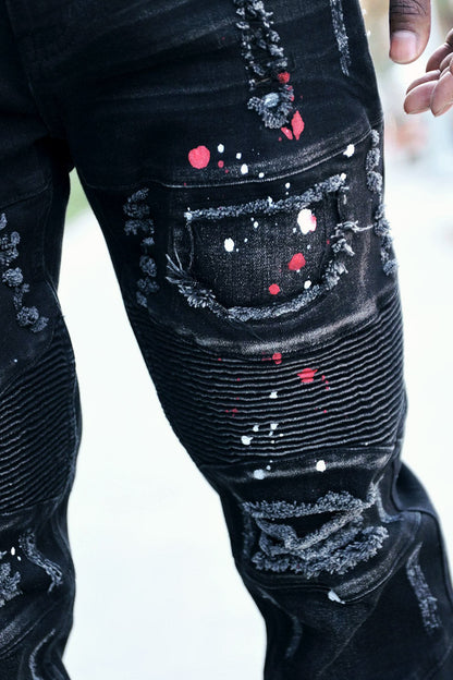 Stacked Paint Splatter Biker Jeans