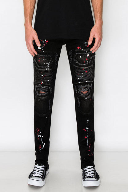 Stacked Paint Splatter Biker Jeans