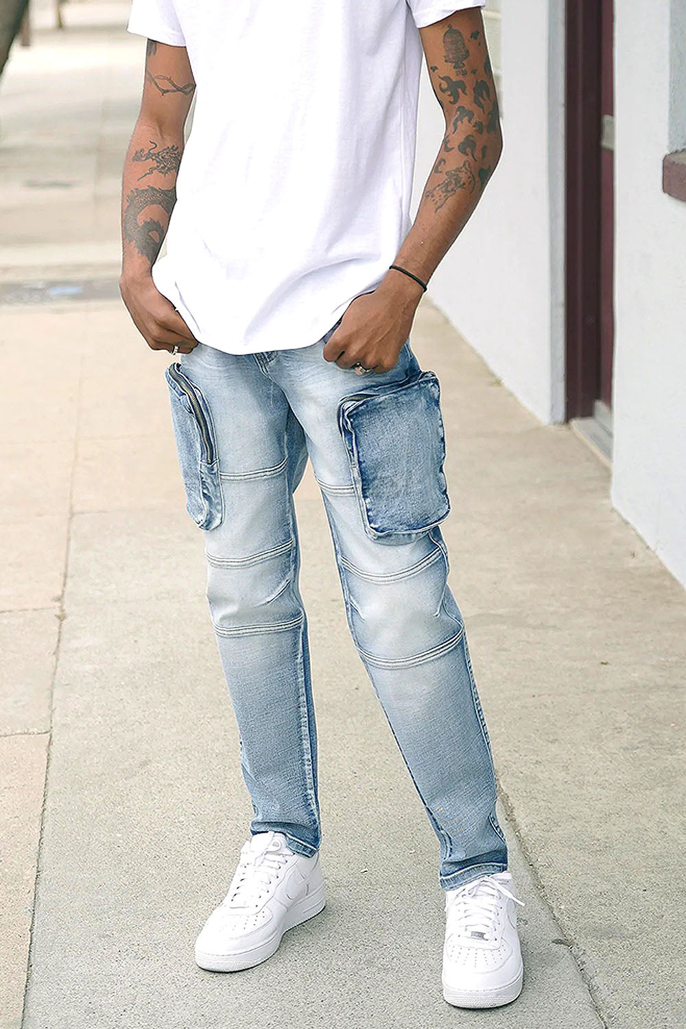 Washed Zippered Cargo Denim Jeans