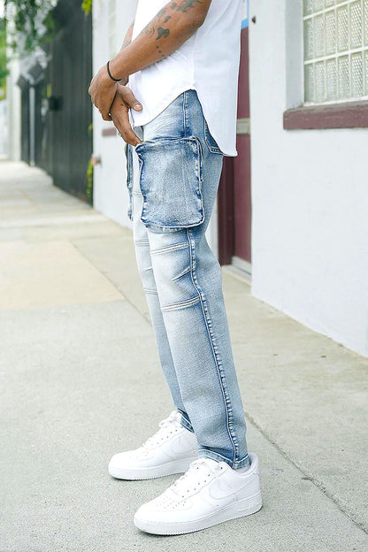 Washed Zippered Cargo Denim Jeans