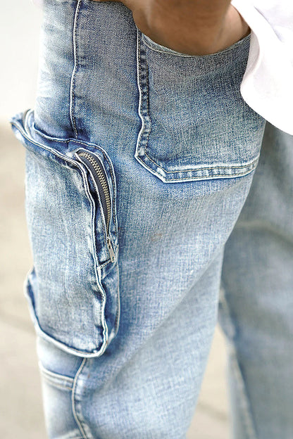 Washed Zippered Cargo Denim Jeans