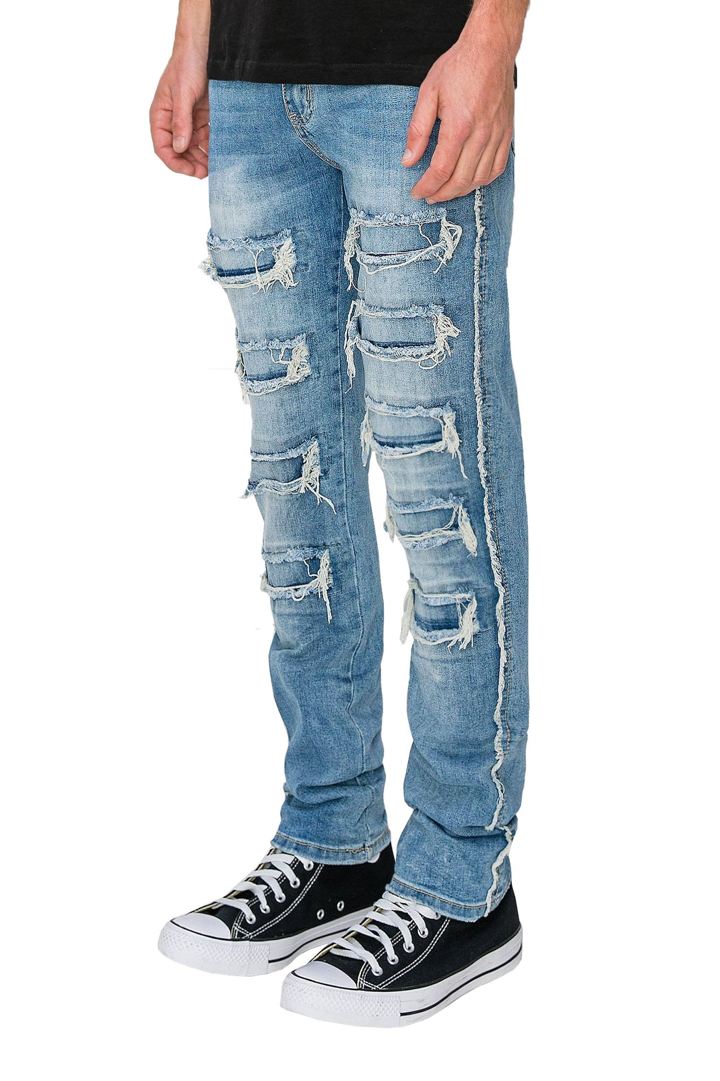 Men's Side Raw Edge Rip & Repair Denim Jeans