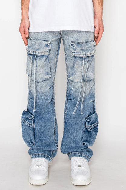 Men's Baggy Fit Faded Wash Cargo Jeans