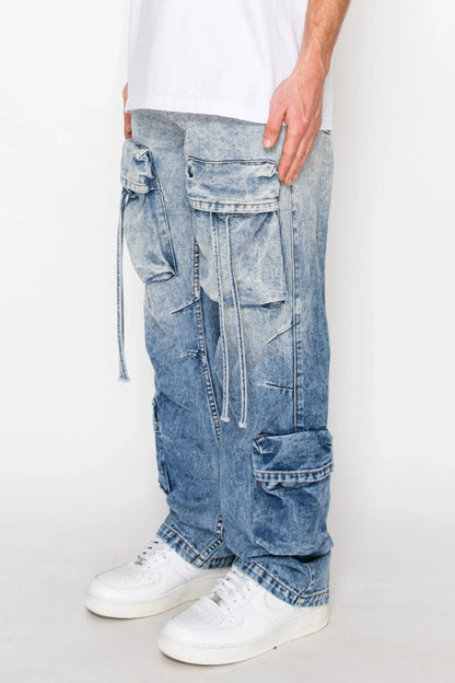 Men's Baggy Fit Faded Wash Cargo Jeans
