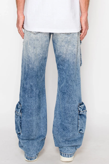 Men's Baggy Fit Faded Wash Cargo Jeans
