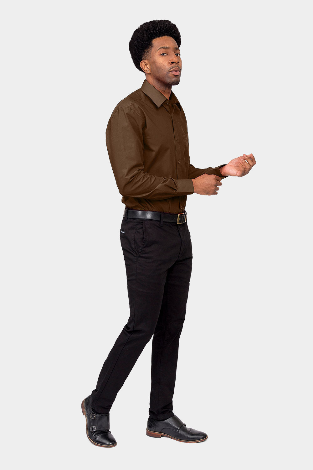 Men's Basic Solid Color Button Up Dress Shirt (Brown)