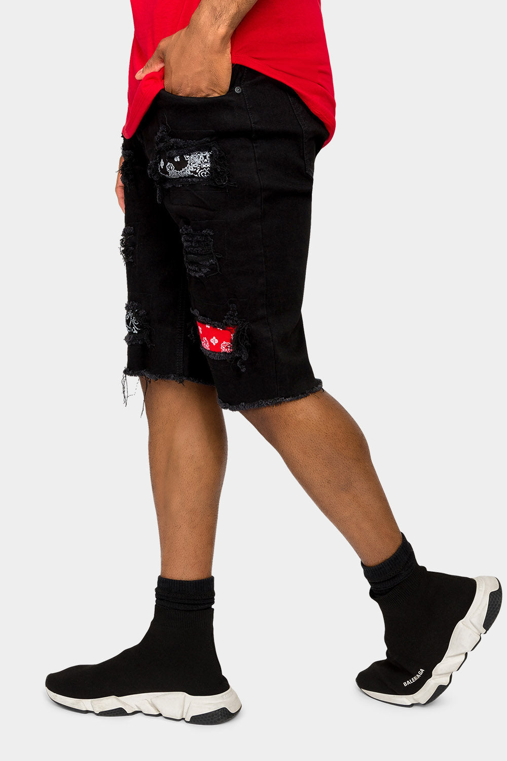 Ripped Bandana Repair Denim Shorts