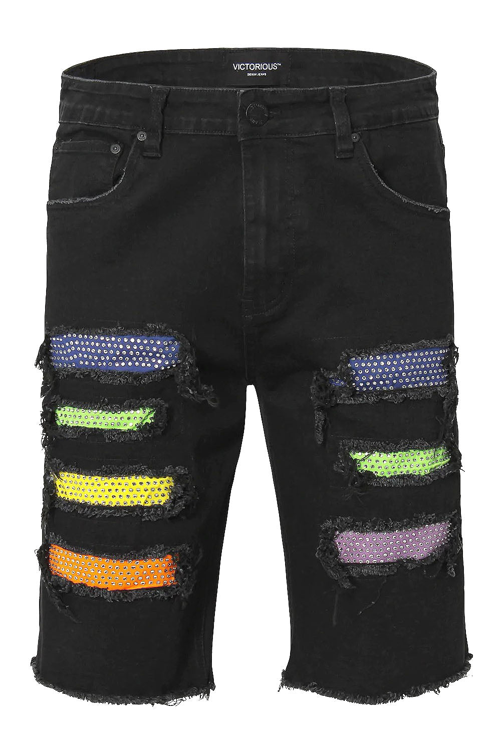 Multi Color Crystal Embellished Denim Shorts