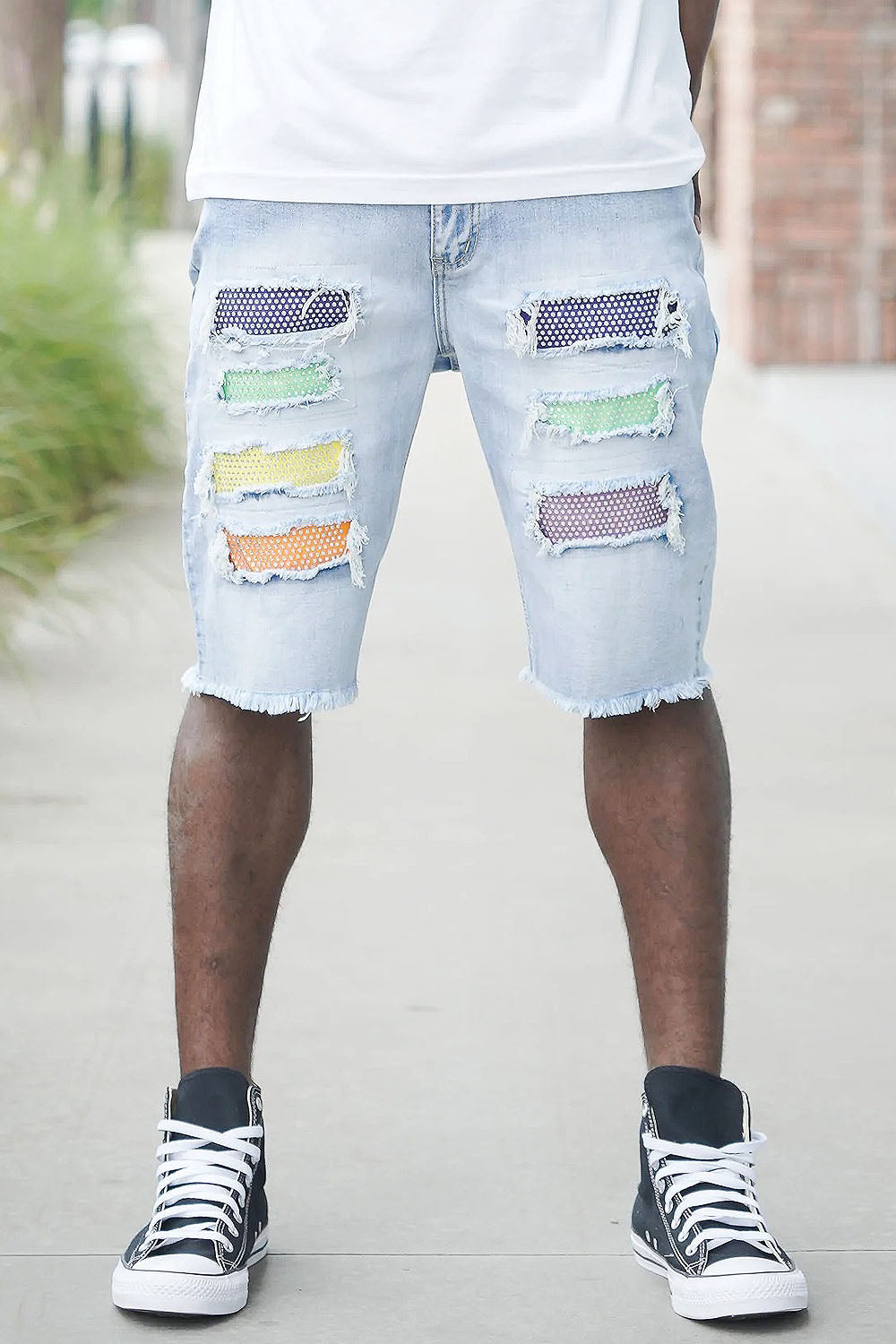 Multi Color Crystal Embellished Denim Shorts