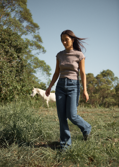 AFENDS Womens Wren - Seersucker Top - Coffee Check