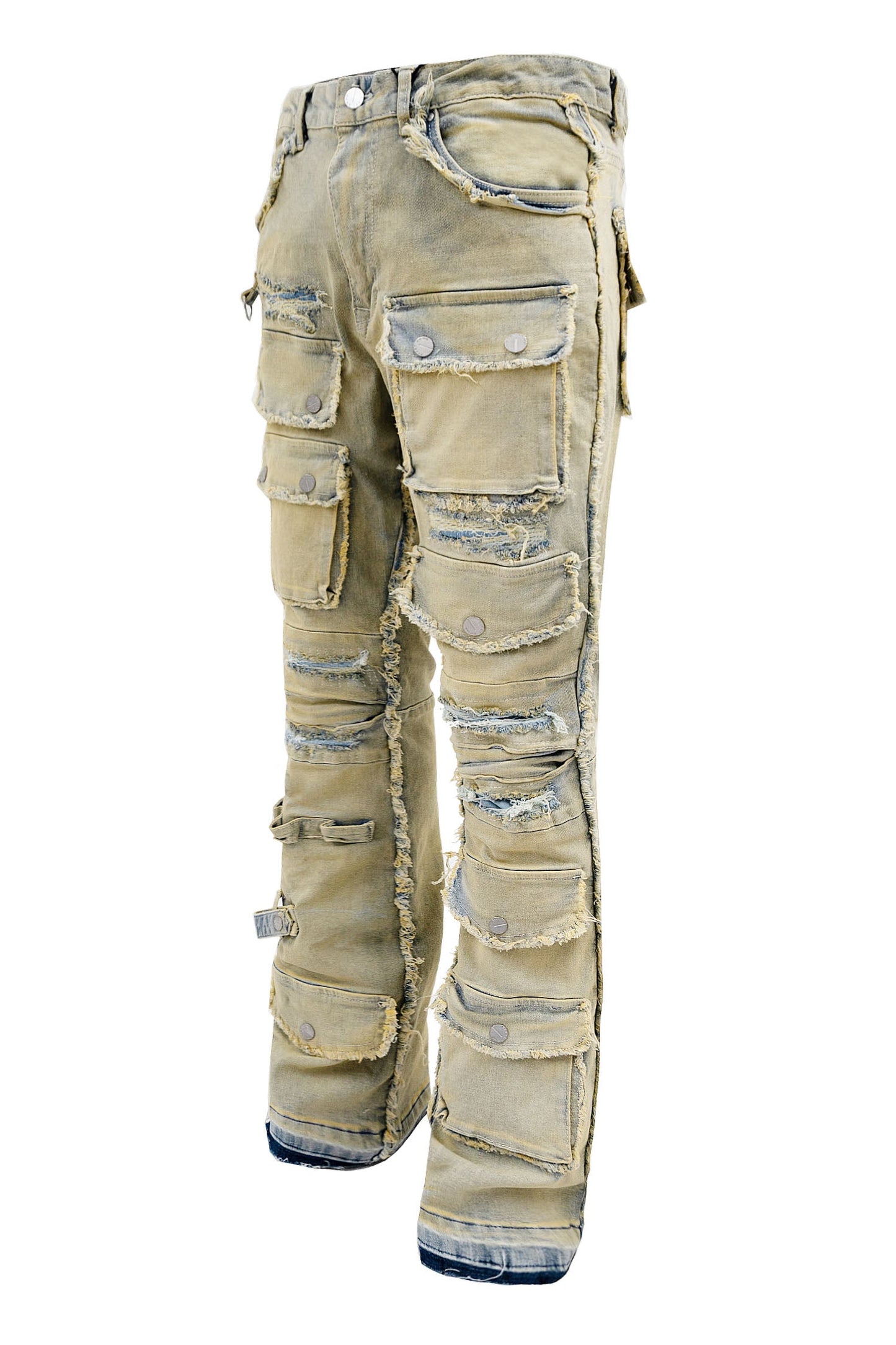 Men's Distressed Edge Cut Slim Stack Flared Cargo Jeans
