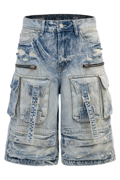 Men's Utility Acid Washed Baggy Cargo Denim Shorts