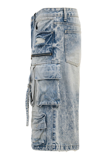 Men's Utility Acid Washed Baggy Cargo Denim Shorts