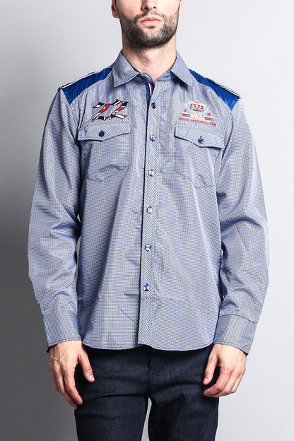 Long Sleeve Checkered Embroidered 22 Button Up Shirt