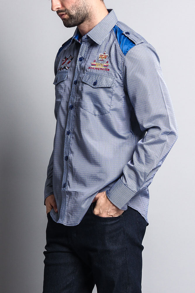 Long Sleeve Checkered Embroidered 22 Button Up Shirt