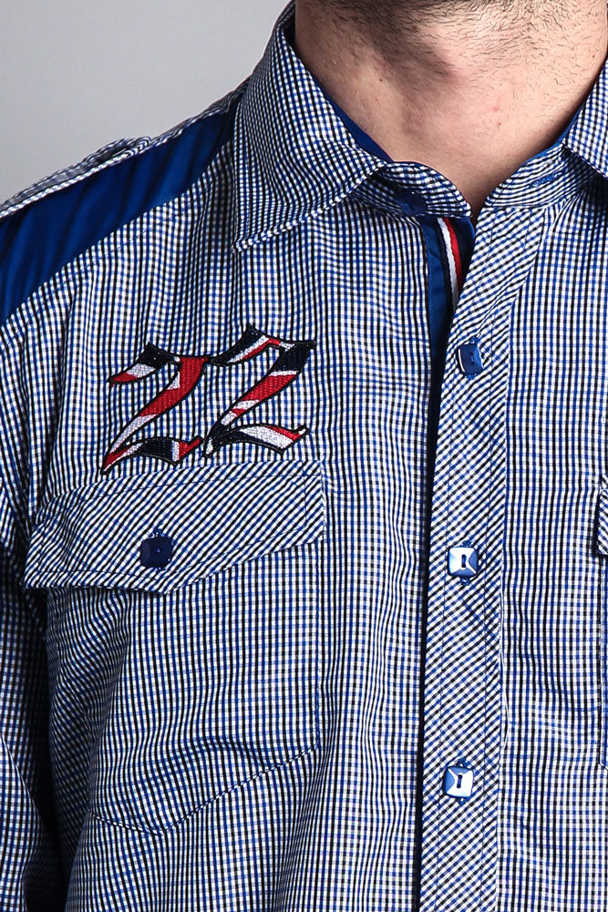 Long Sleeve Checkered Embroidered 22 Button Up Shirt