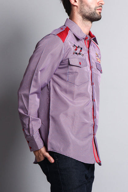 Long Sleeve Checkered Embroidered 22 Button Up Shirt
