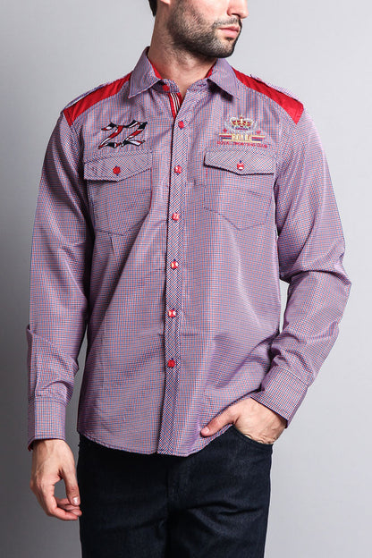 Long Sleeve Checkered Embroidered 22 Button Up Shirt
