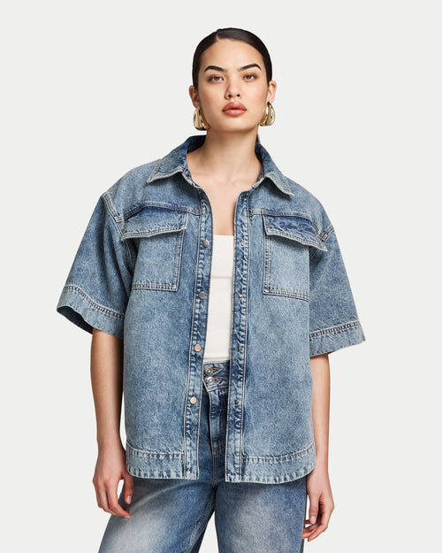 Womens Denim Short Sleeve Shirt