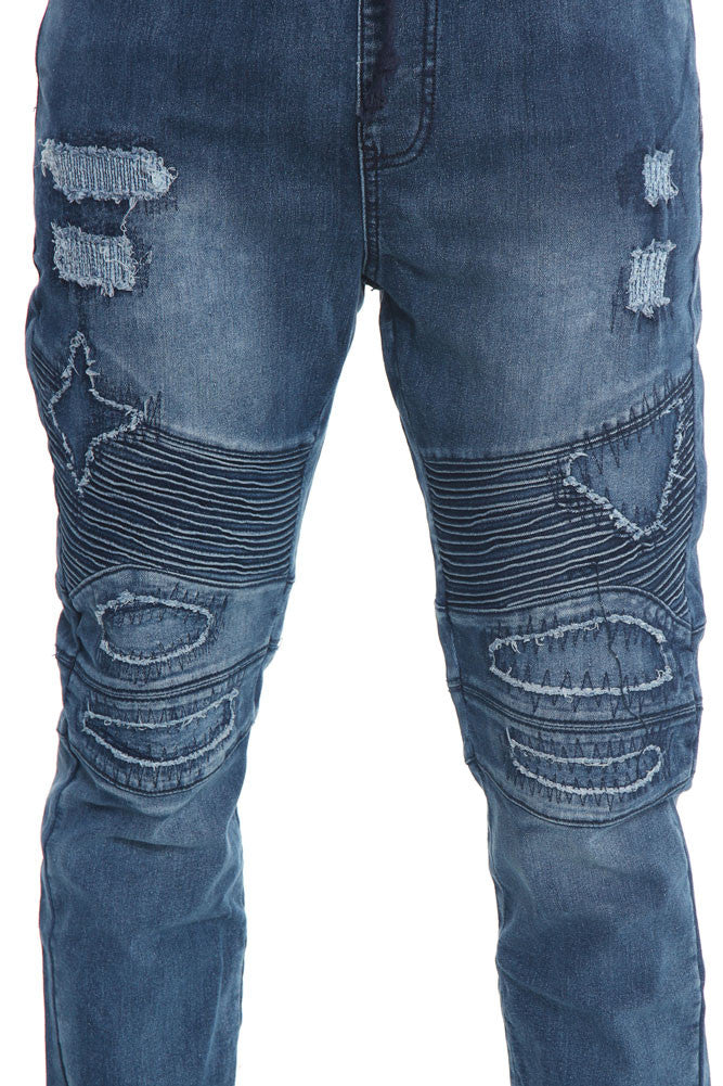 Distressed Biker Denim Jogger Pants