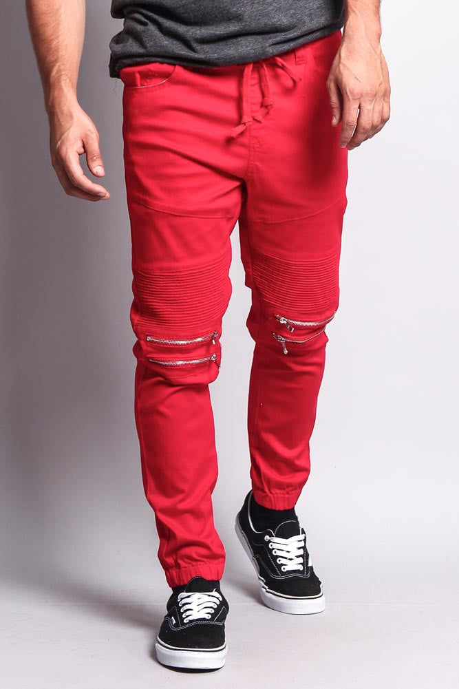 Zipper Knee Biker Twill Jogger Pants