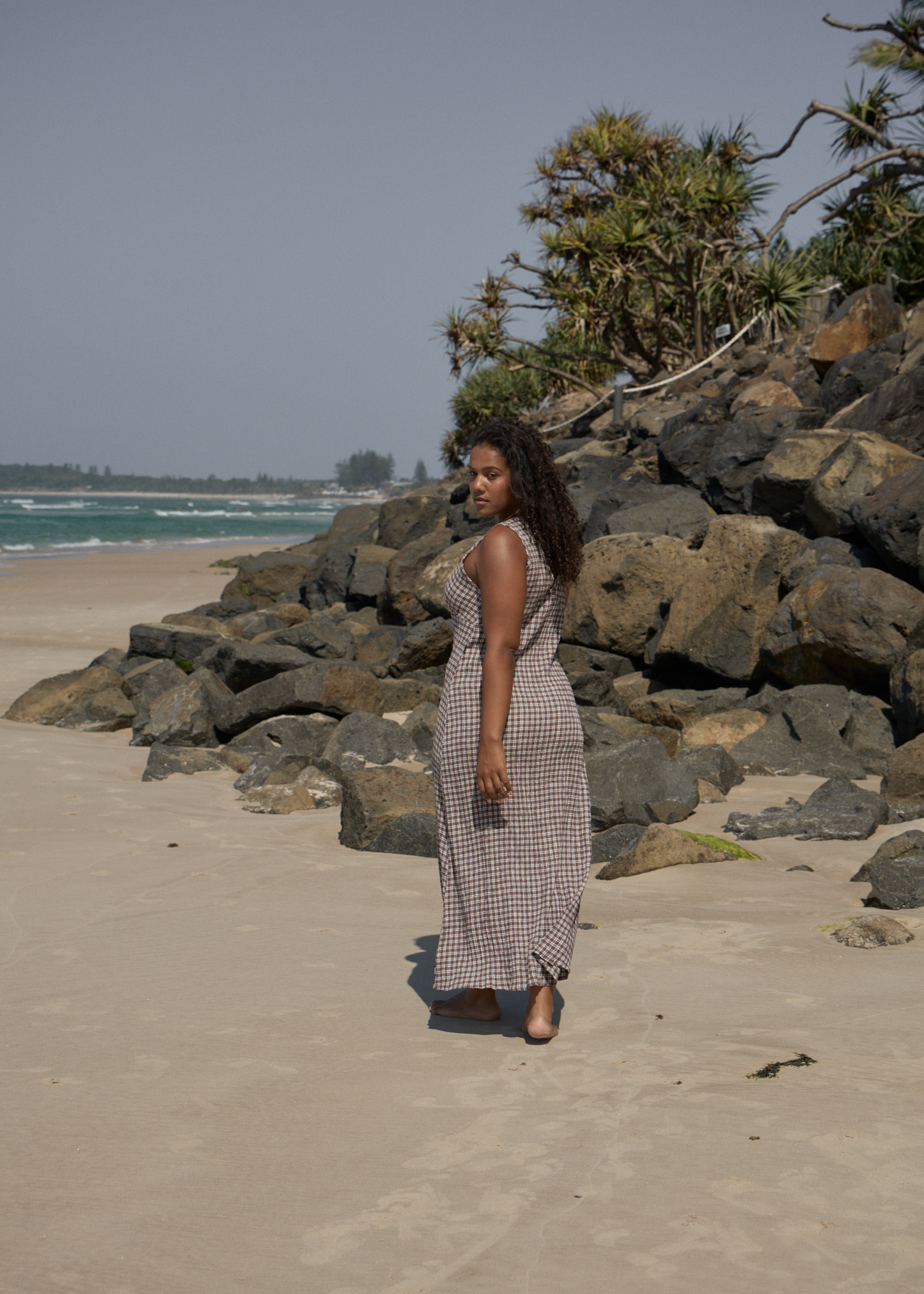 AFENDS Womens Tully - Seersucker Maxi Dress - Base Coffee Check