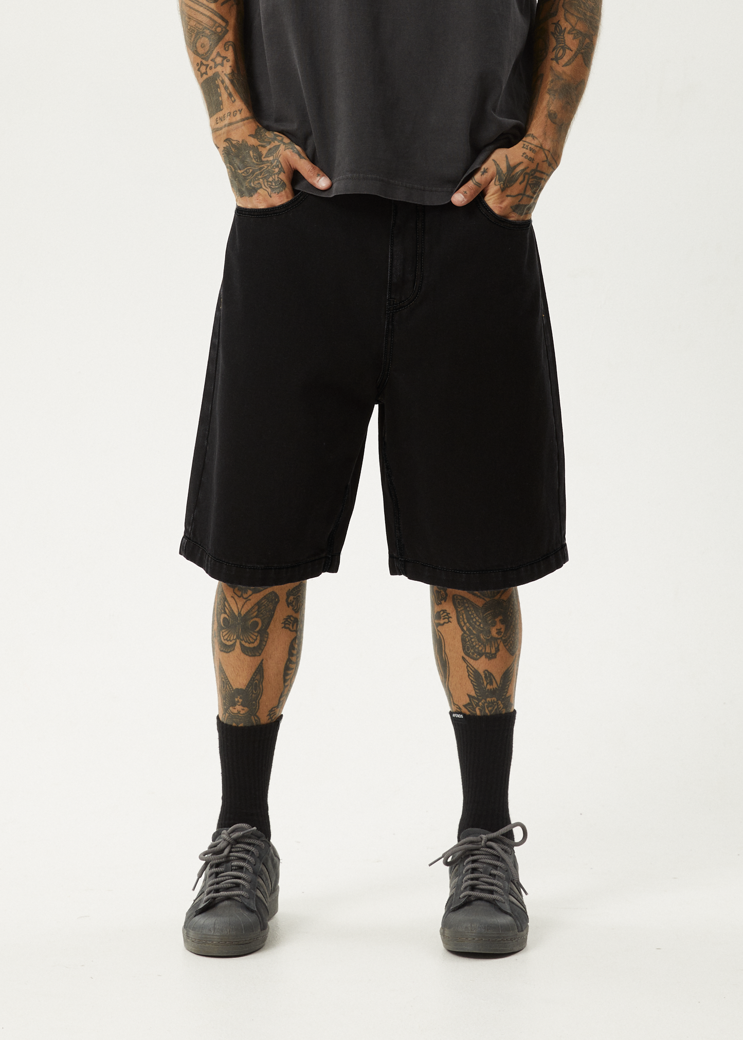 AFENDS Mens Lil C - Denim Baggy Short 22" - Washed Black