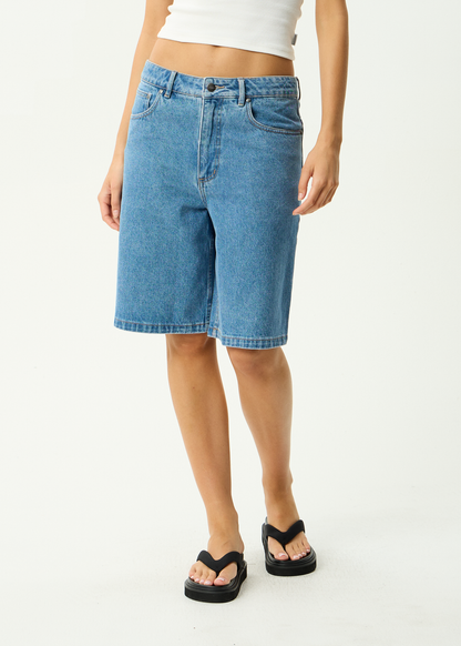 AFENDS Mens Lil C - Denim Baggy Short 22" - Worn Blue
