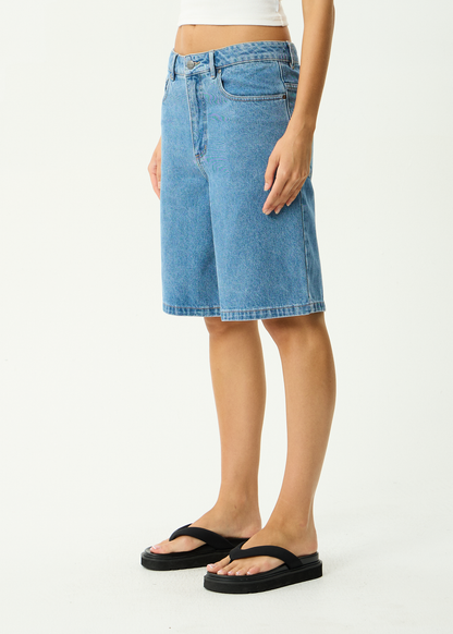 AFENDS Mens Lil C - Denim Baggy Short 22" - Worn Blue