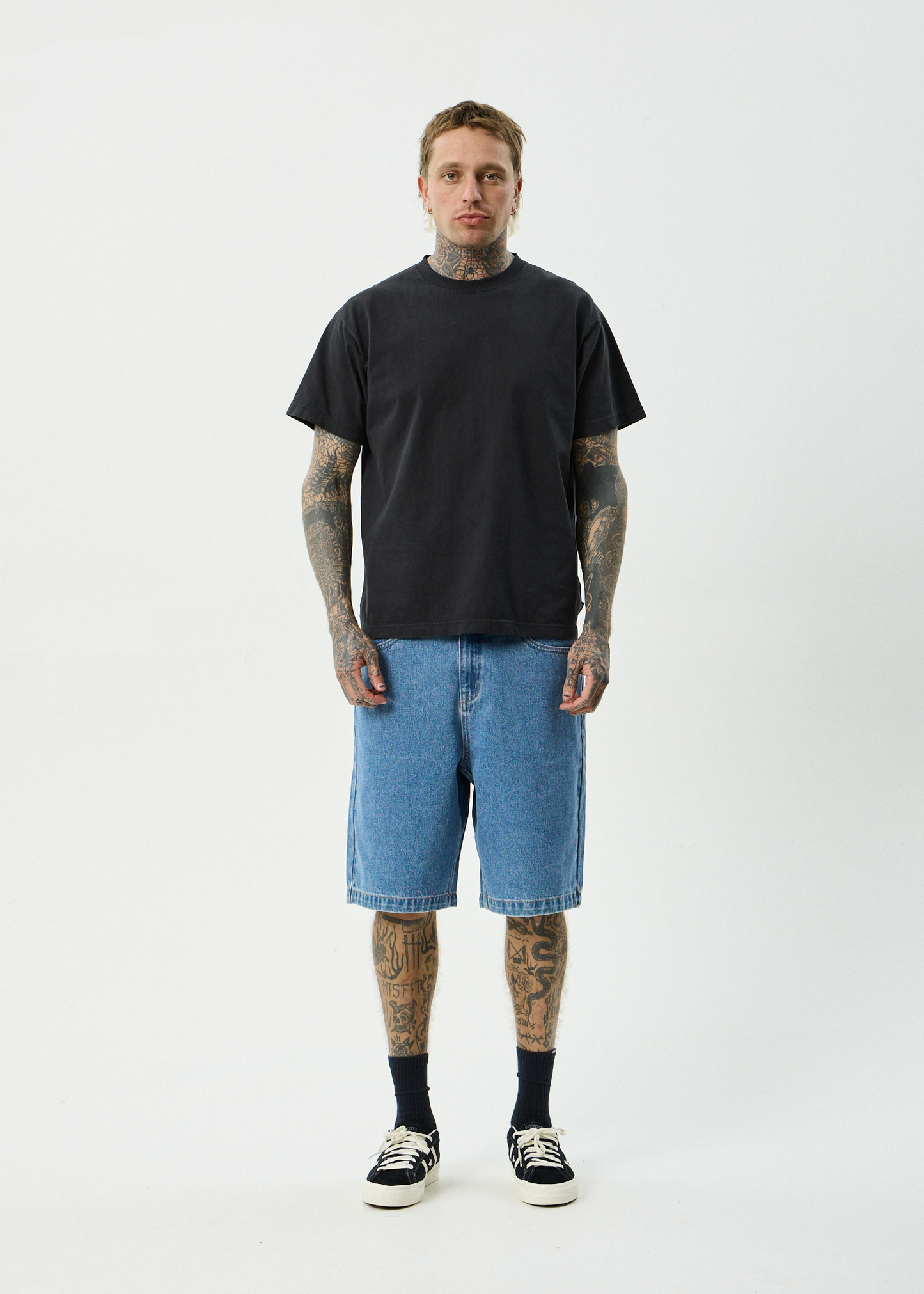 AFENDS Mens Lil C - Denim Baggy Short 22" - Worn Blue