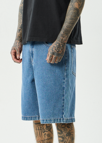 AFENDS Mens Lil C - Denim Baggy Short 22" - Worn Blue