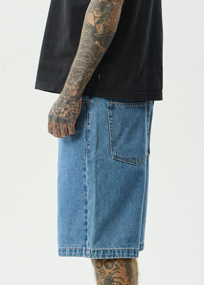 AFENDS Mens Lil C - Denim Baggy Short 22" - Worn Blue