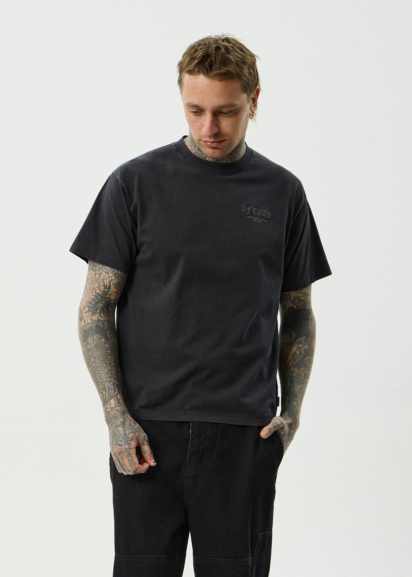 AFENDS Mens Hq - Boxy Tee - Stone Black
