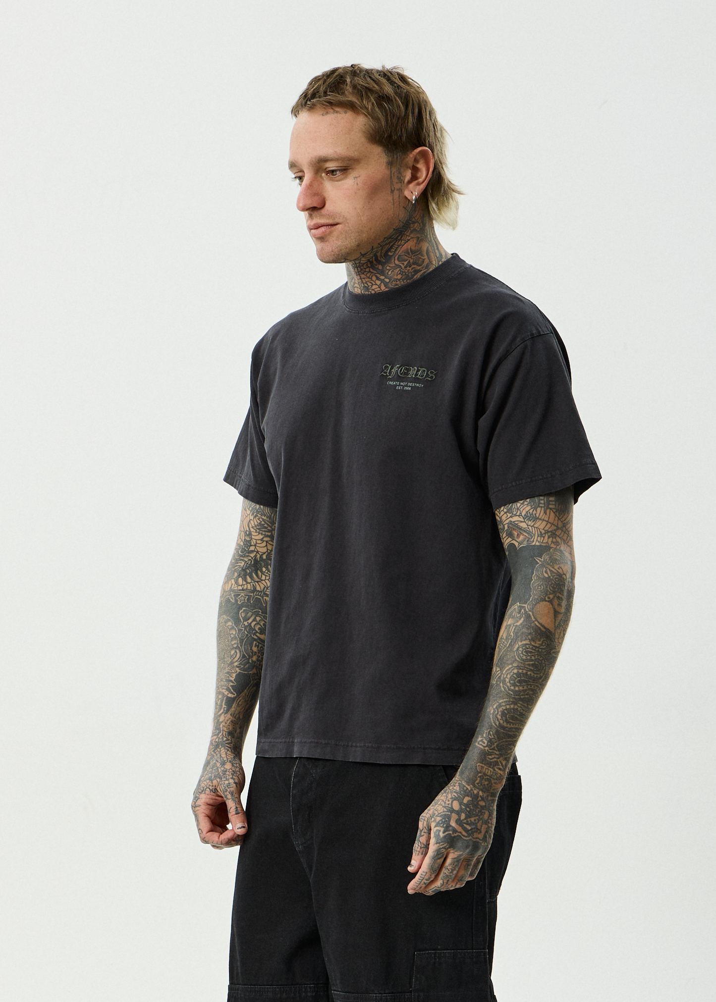 AFENDS Mens Hq - Boxy Tee - Stone Black
