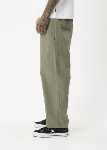 AFENDS Mens Ninety Eights - Baggy Elastic Waist Pant - Olive