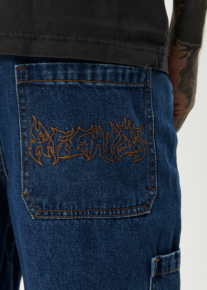 AFENDS Mens Scorched Harper - Denim Baggy Workwear Short 22" - Authentic Blue