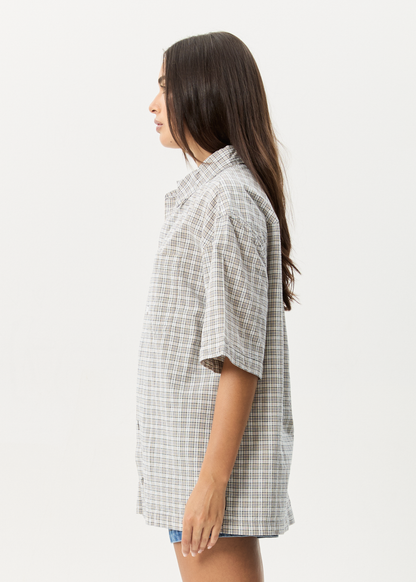 AFENDS Mens Drew - Seersucker Short Sleeve Shirt - Taupe Check